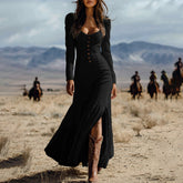 Women's Solid Color Vintage Western Long Sleeve Ruffle Lace Trim Sexy Maxi Dress With Center Slit Spring Fall Cowgirl Style Dress